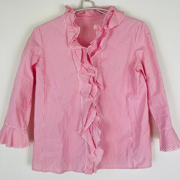 Junko Shamada Pink Stripe Ruffle Button Up Blouse Size 38 or Size S - Picture 1 of 9